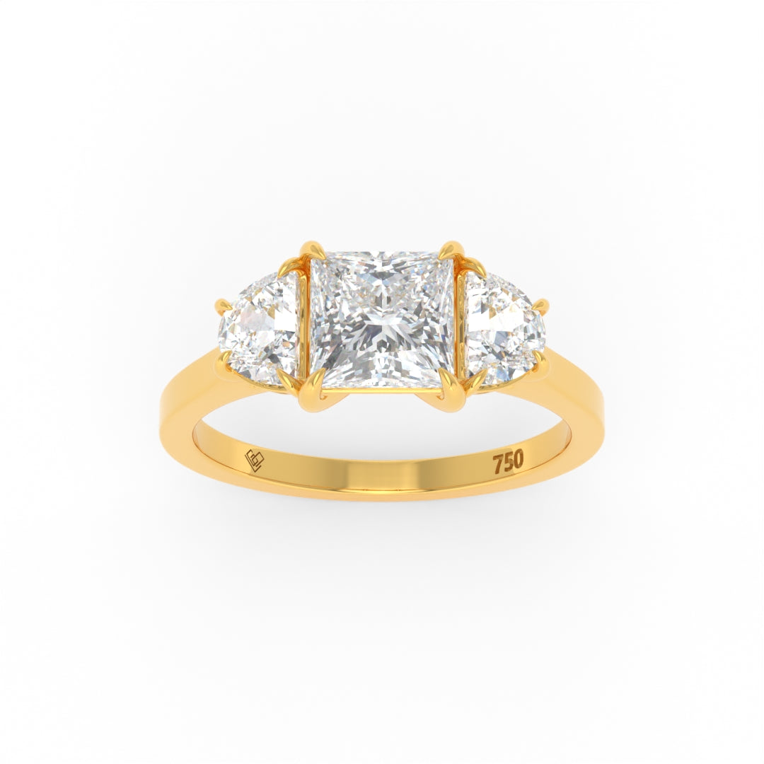 Kamala Princess Cut Diamond engagement ring with half moon side diamonds set in 18k yellow gold band