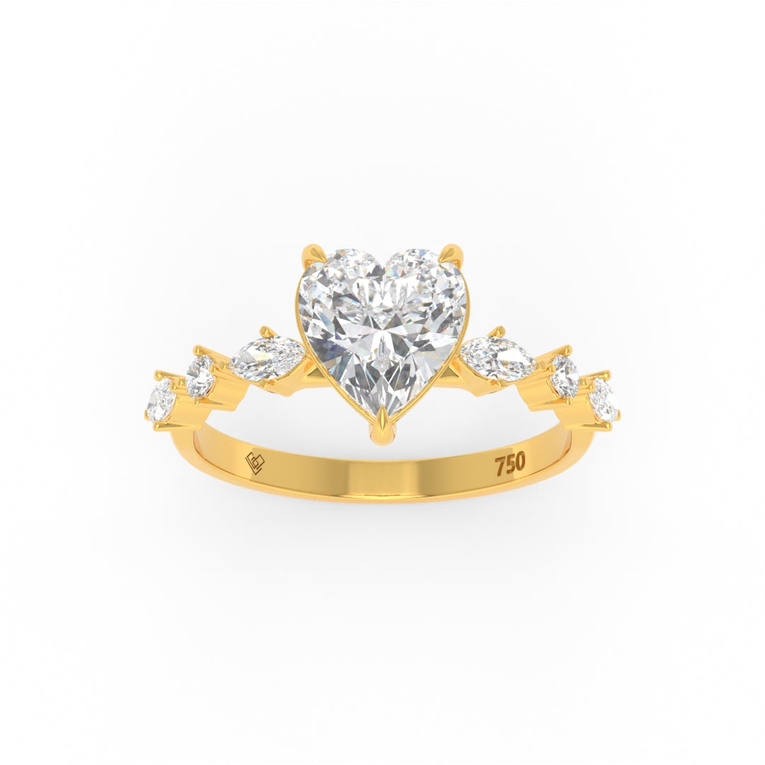 Elizabeth Heart Cut Diamond engagement ring with heart-shaped center stone and marquise and round cut diamond band in 18k gold