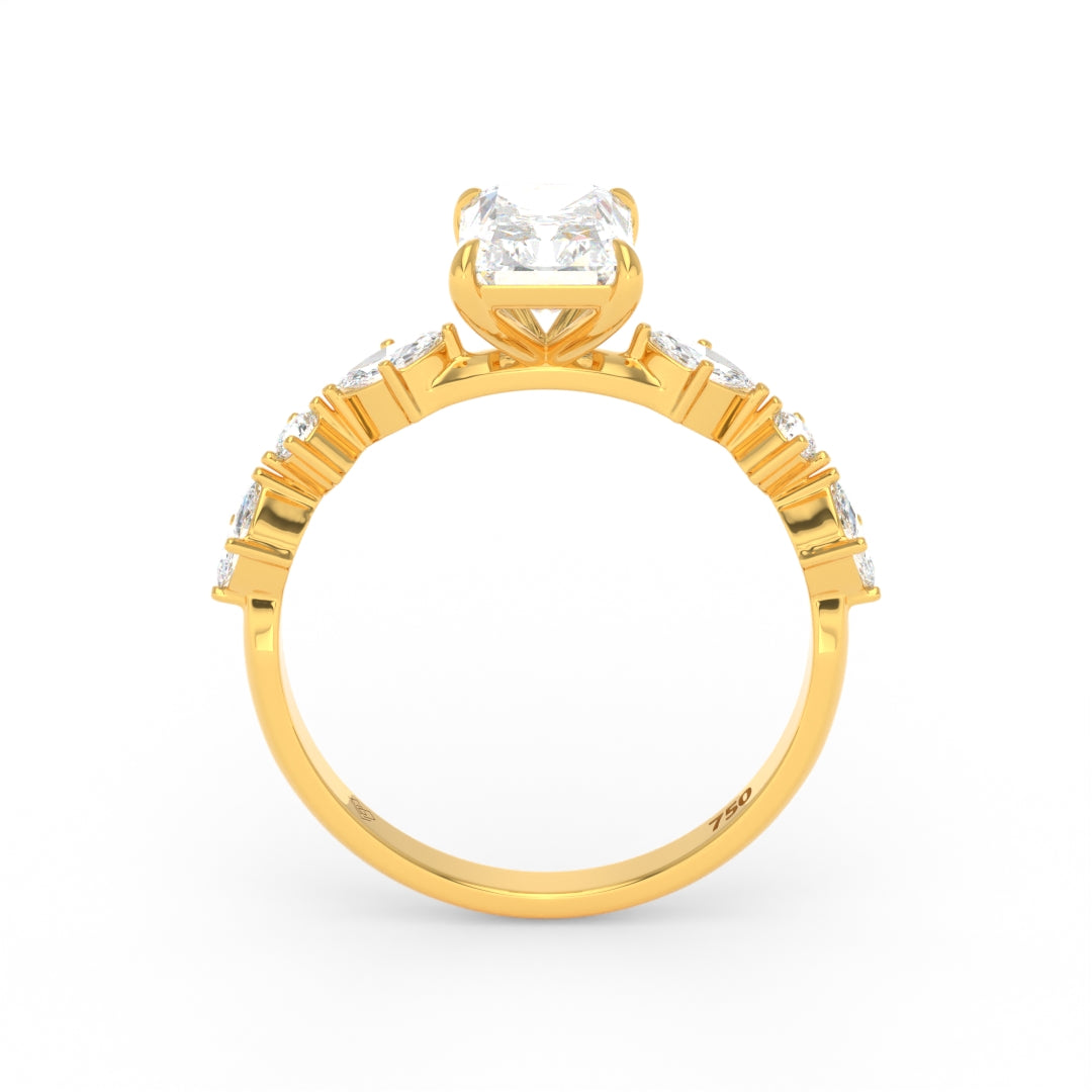 Elizabeth Radiant Cut Diamond Engagement Ring With A Marquise And Round Cut Diamond Band