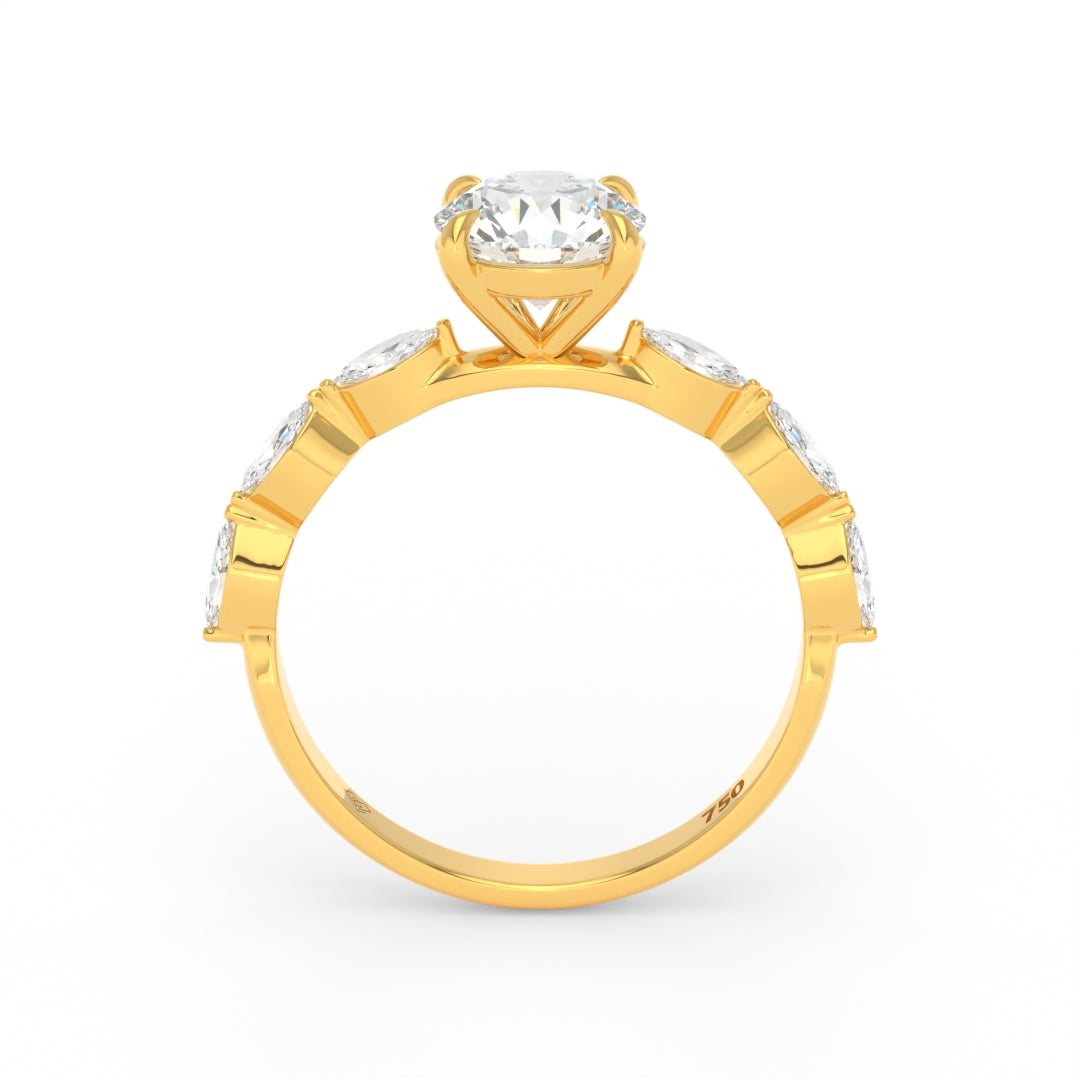 Kasandra Round Brilliant Cut Diamond Engagement Ring With A Marquise Cut Diamond Band