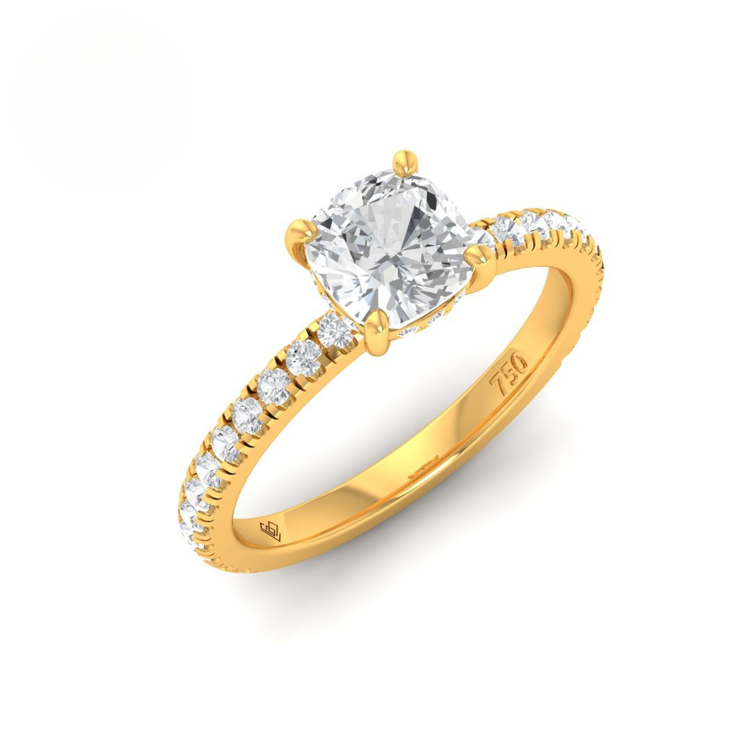 Chloé Cushion Cut Diamond Engagement Ring with Diamond Hidden Halo and Diamond Band