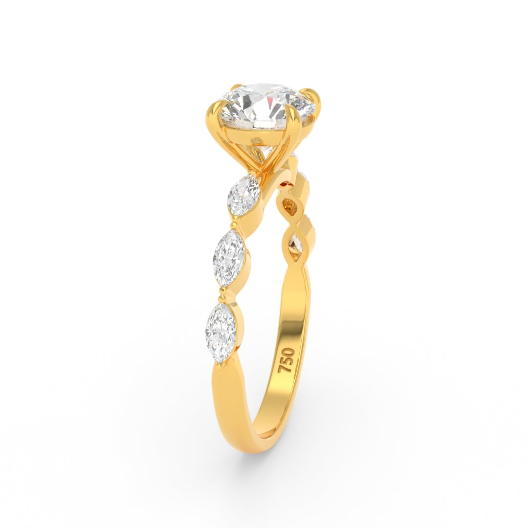 Kasandra Round Brilliant Cut Diamond Engagement Ring With A Marquise Cut Diamond Band