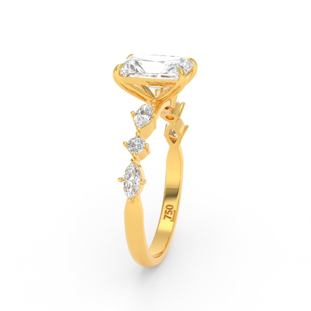 Elizabeth Radiant Cut Diamond Engagement Ring With A Marquise And Round Cut Diamond Band