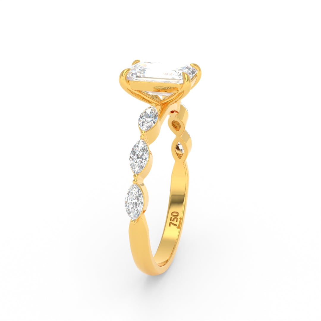 Kasandra Emerald Cut Diamond Engagement RIng With A Marquise Cut Diamonds Band