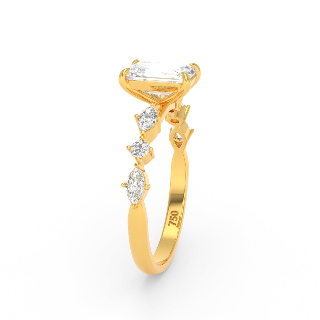 Elizabeth Emerald Cut Diamond Engagement Ring With A Marquise and Round Cut Diamond Band