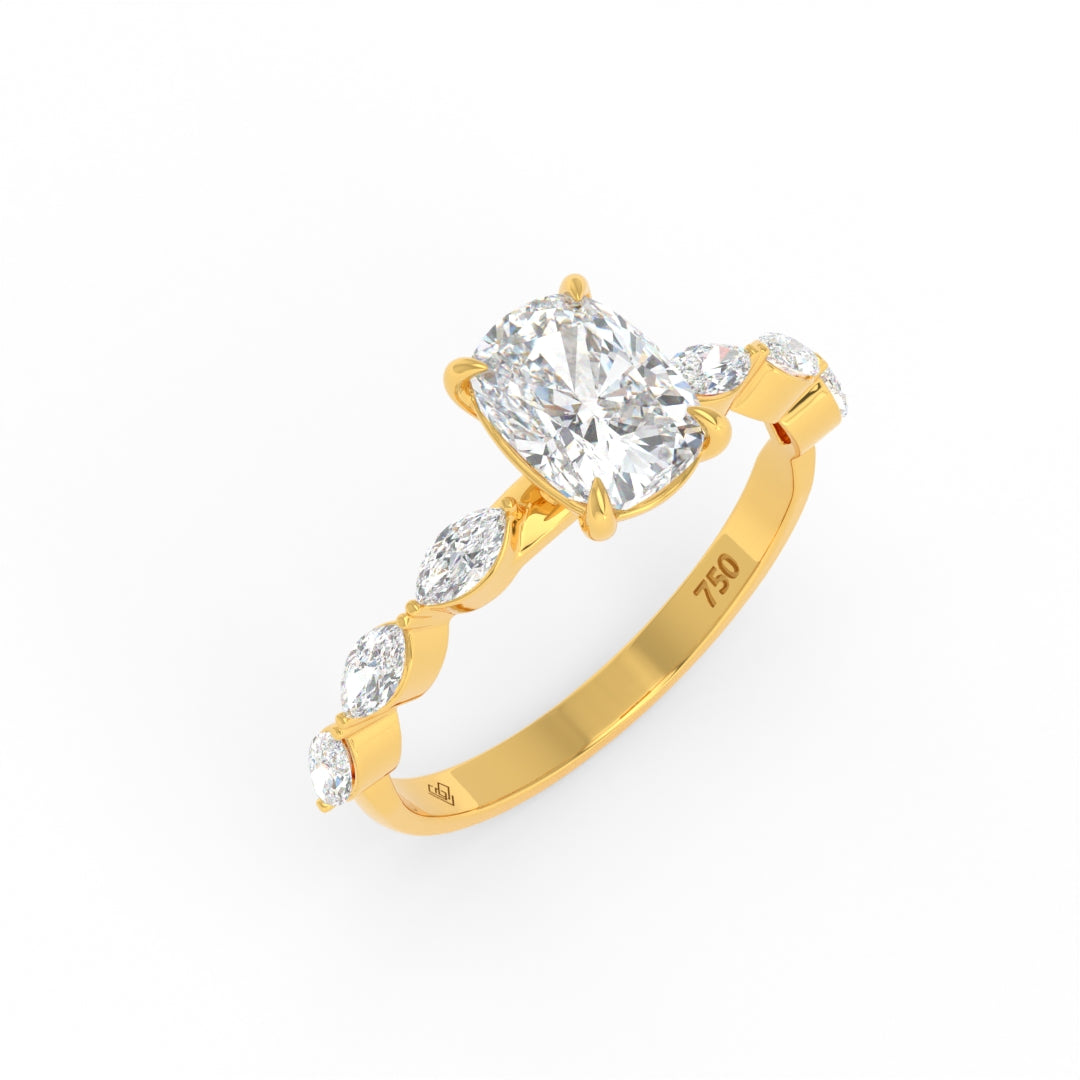 Kasandra Cushion Cut Diamond Engagement Ring With A Marquise Cut Diamond Band