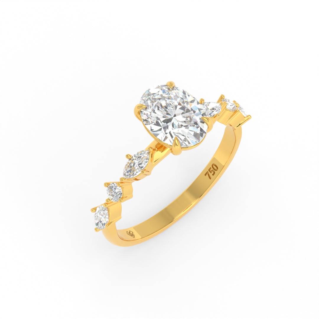 Elizabeth Oval Cut Diamond Engagement Ring With A Marquise And Round Cut Diamond Band.