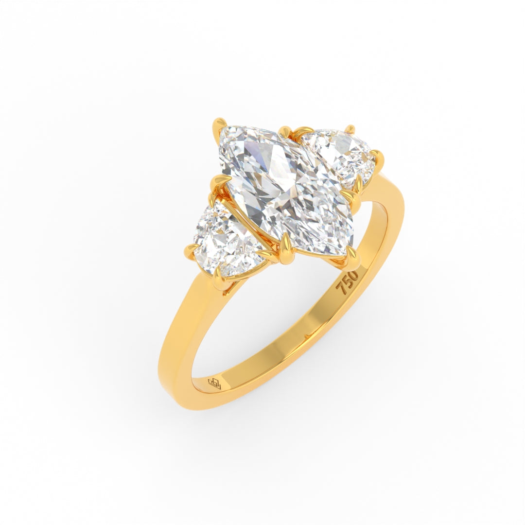 Kamala Marquise Cut Diamond Enagement Ring with Half Moon Cut Side Diamonds