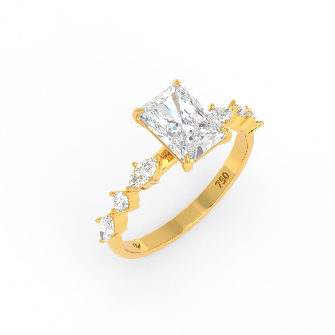 Elizabeth Radiant Cut Diamond Engagement Ring With A Marquise And Round Cut Diamond Band