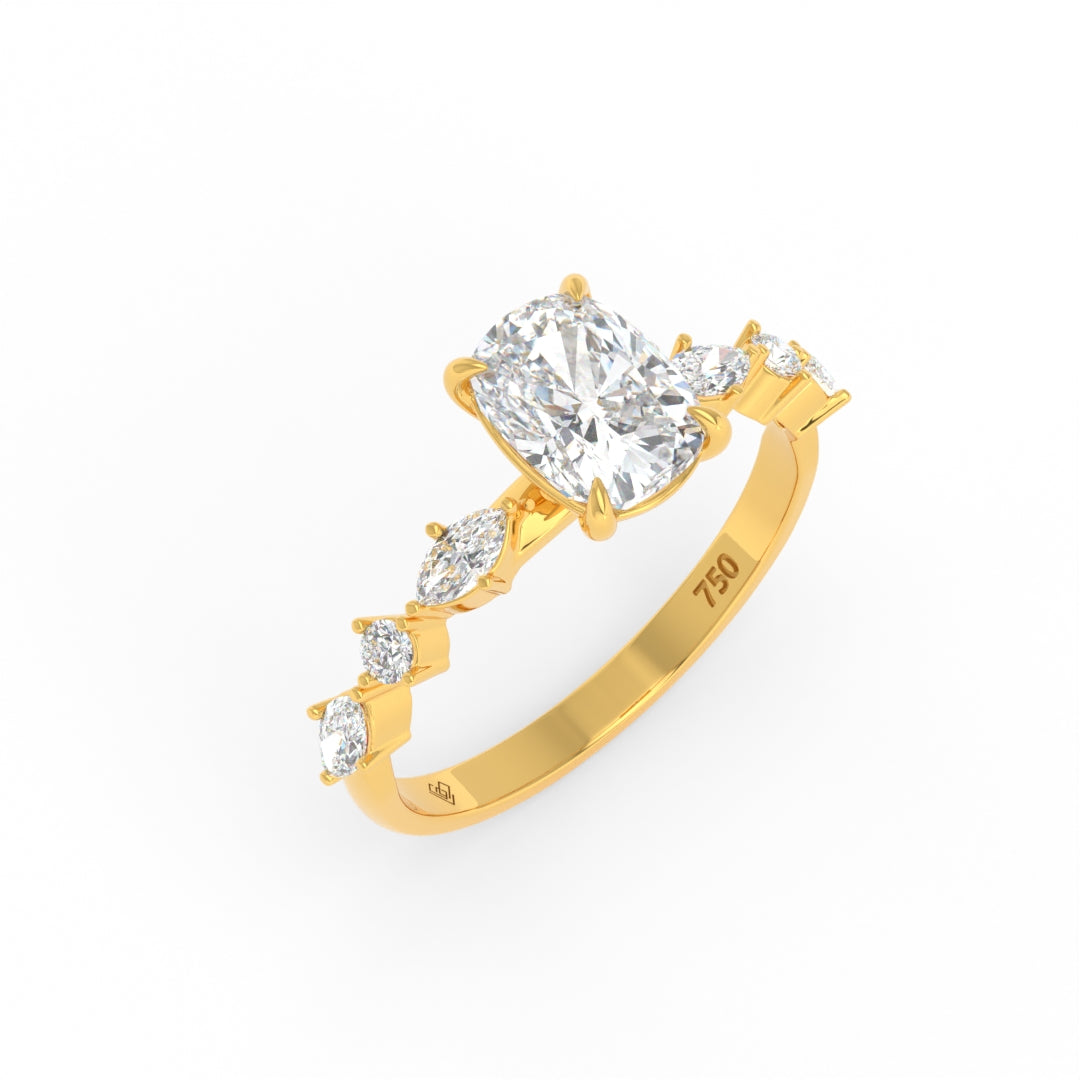 Elizabeth Cushion Diamond Engagement Ring With A Marquise and Round Cut Diamond Band
