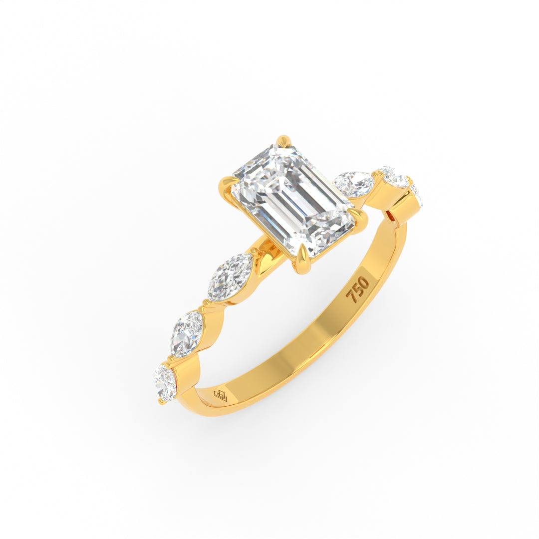 Kasandra Emerald Cut Diamond Engagement RIng With A Marquise Cut Diamonds Band