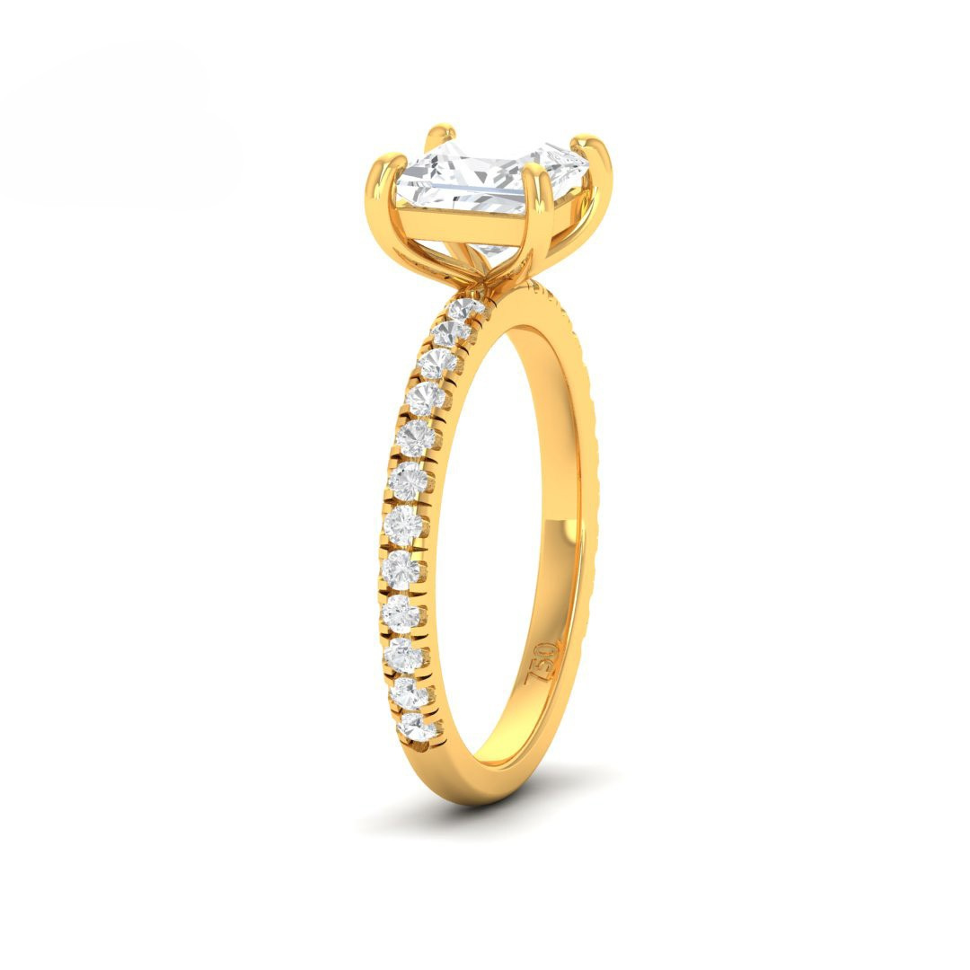 Princess cut lab grown diamond engagement ring with yellow gold band and halo diamonds by Love Grown Diamonds