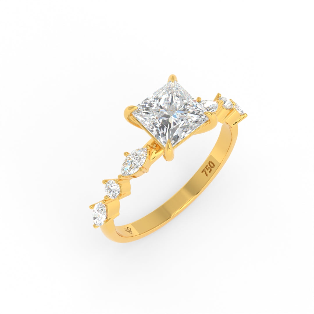 Elizabeth Princess Cut Diamond Engagement Ring With A Marquise and Round Cut Diamond Band
