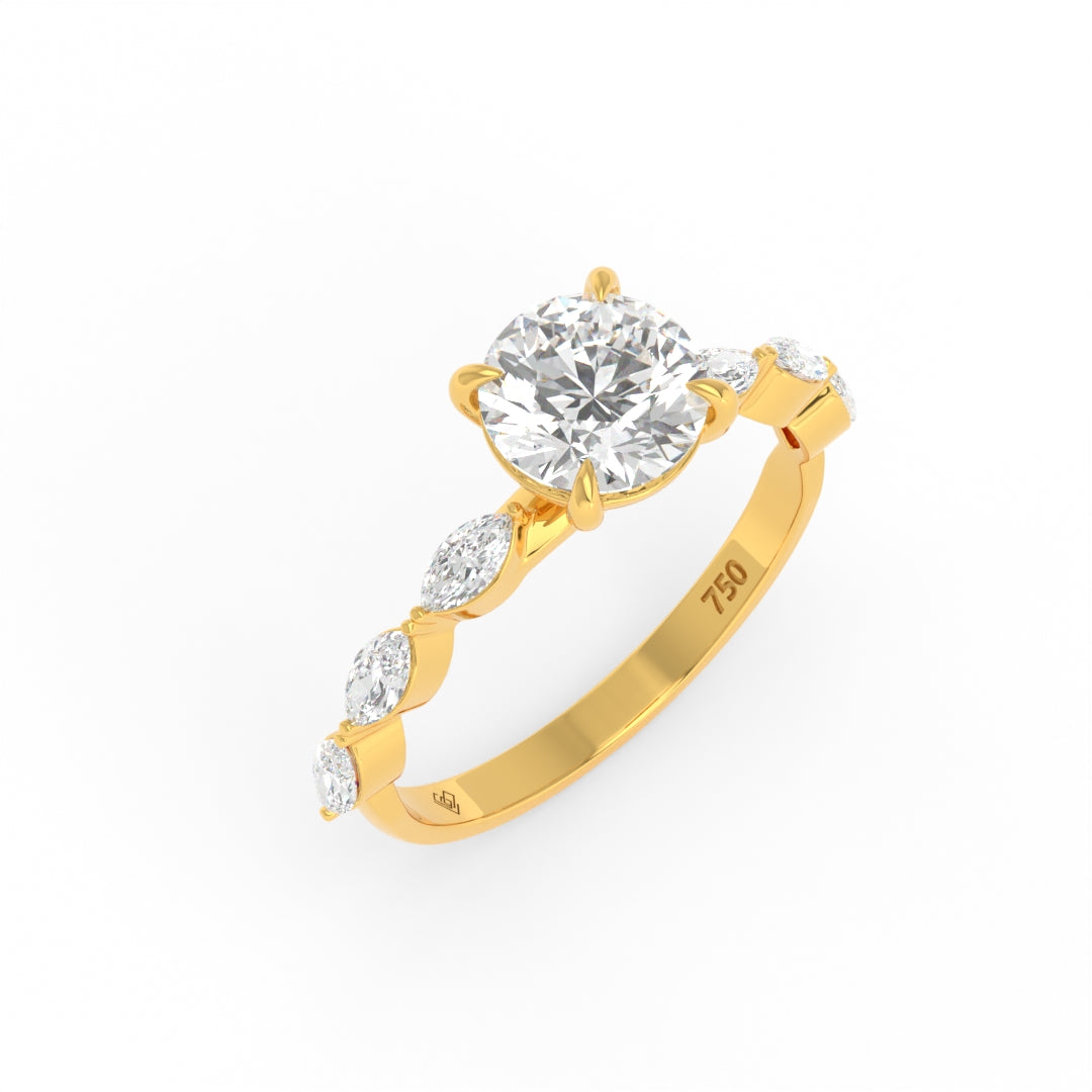 Kasandra Round Brilliant Cut Diamond Engagement Ring With A Marquise Cut Diamond Band