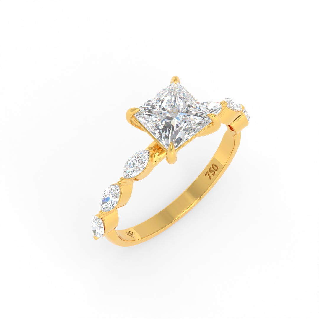 Kasandra Princess Cut Diamond Engagement Ring With A Marquise Cut and Diamond Band