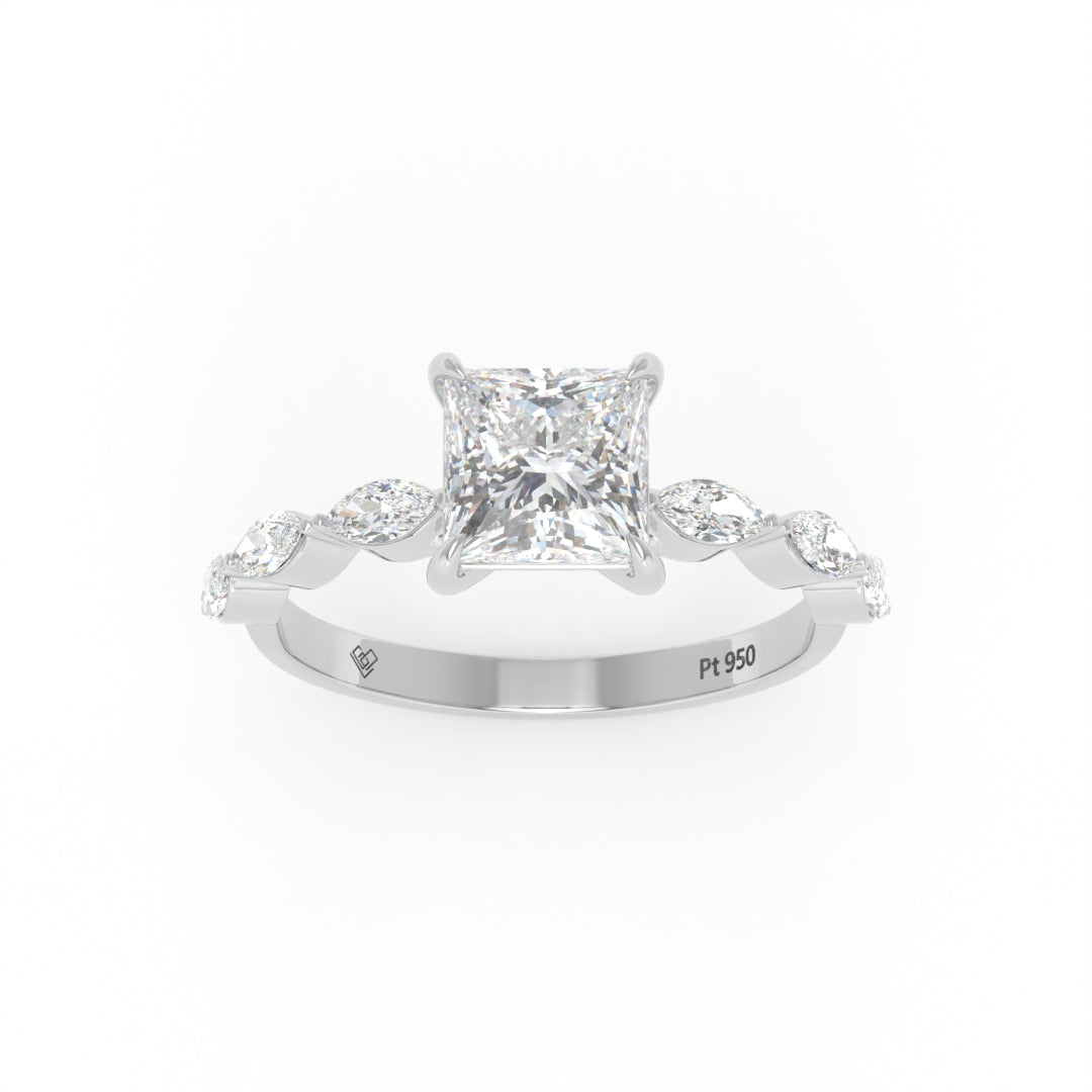 Kasandra Princess Cut Diamond Engagement Ring With A Marquise Cut and Diamond Band
