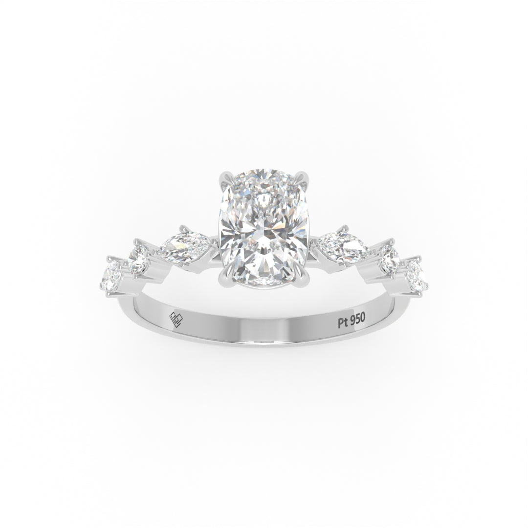 Elizabeth Cushion Diamond Engagement Ring With A Marquise and Round Cut Diamond Band