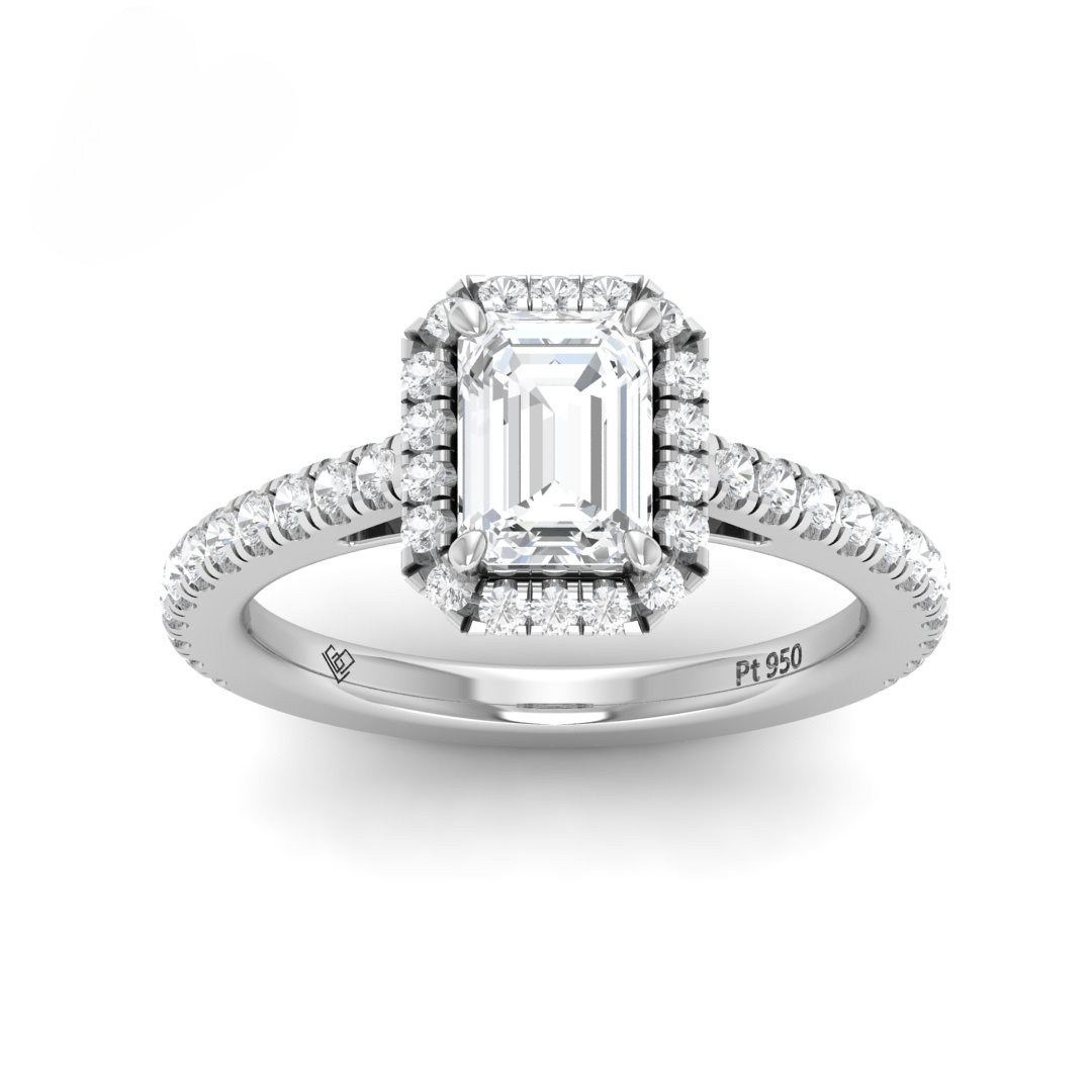 Bella Emerald Cut Diamond Engagement Ring with Diamond Halo & Diamond Band