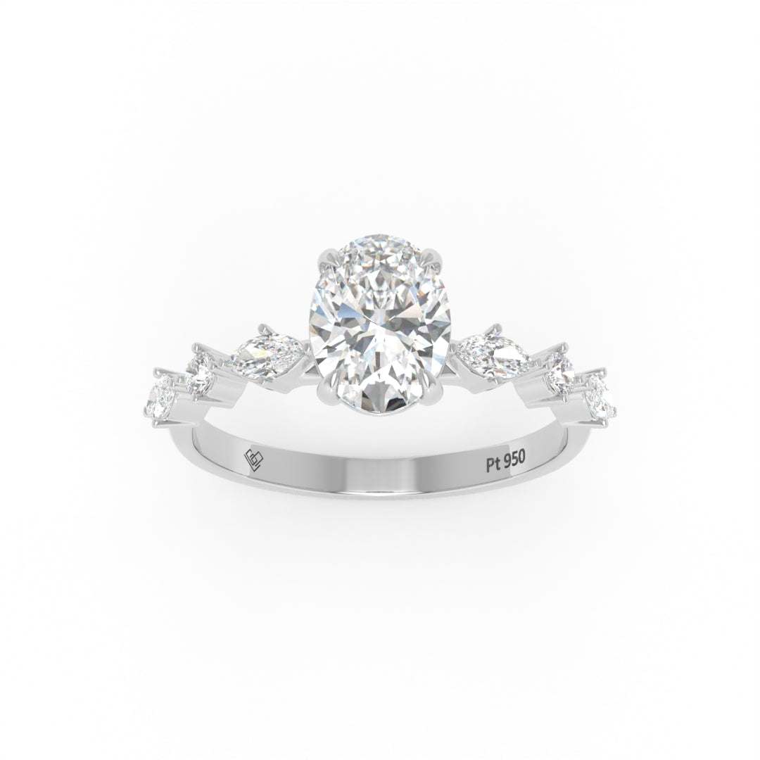 Elizabeth Oval Cut Diamond Engagement Ring With A Marquise And Round Cut Diamond Band.