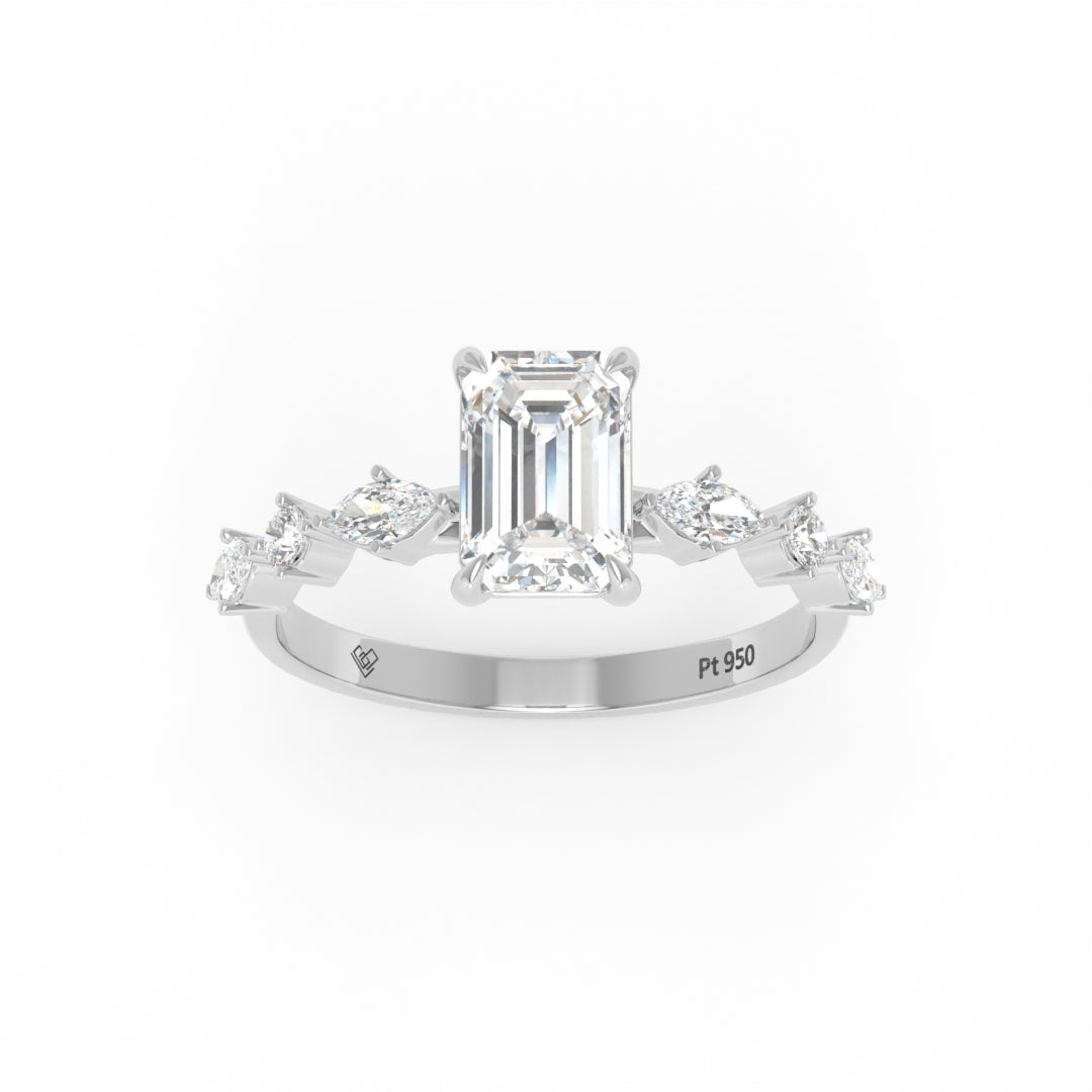 Elizabeth Emerald Cut Diamond Engagement Ring With A Marquise and Round Cut Diamond Band