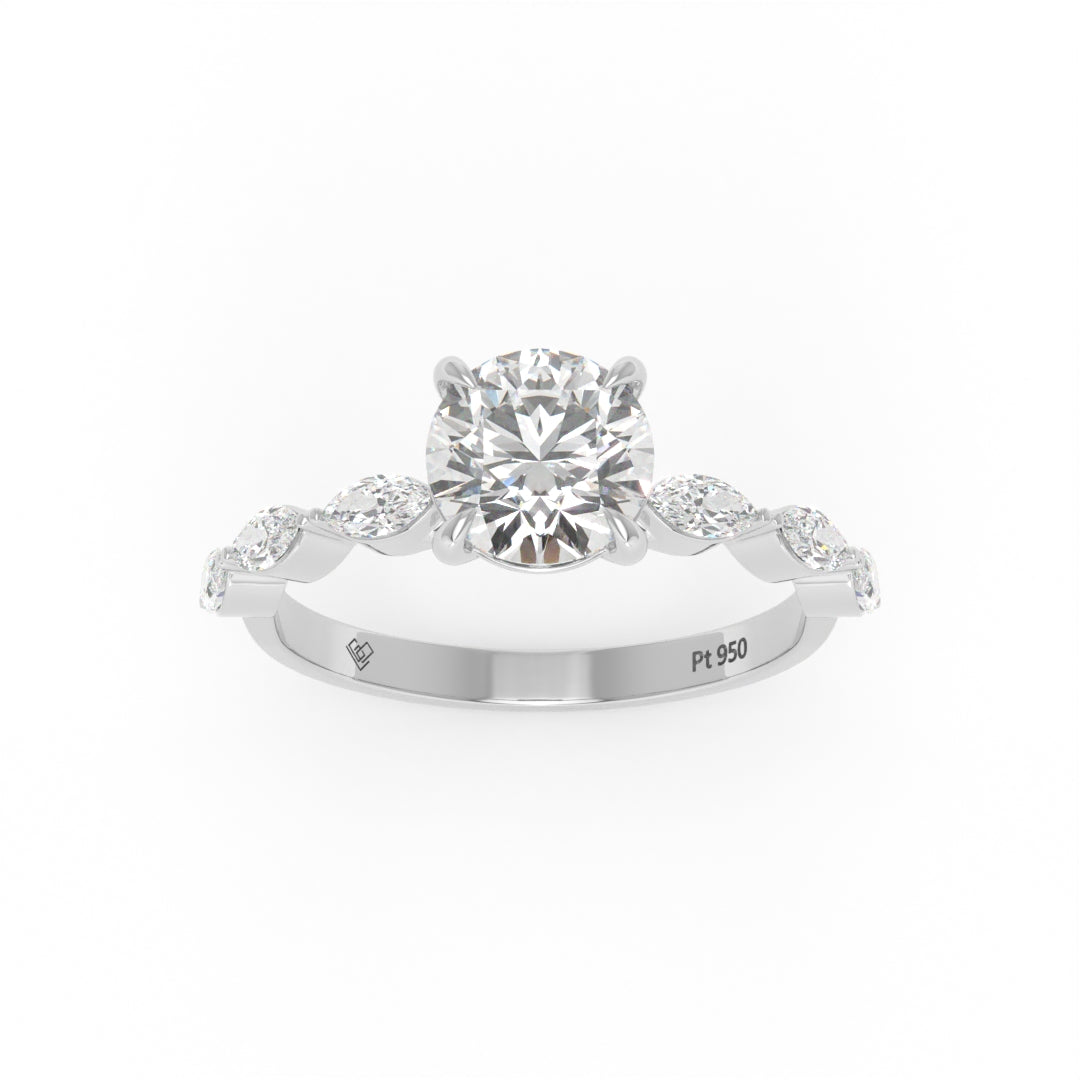Kasandra Round Brilliant Cut Diamond Engagement Ring With A Marquise Cut Diamond Band