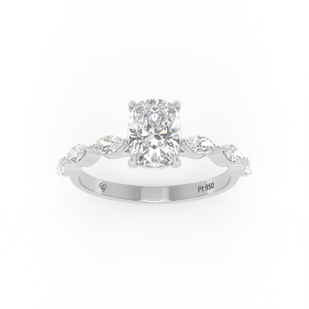 Kasandra Cushion Cut Diamond Engagement Ring With A Marquise Cut Diamond Band