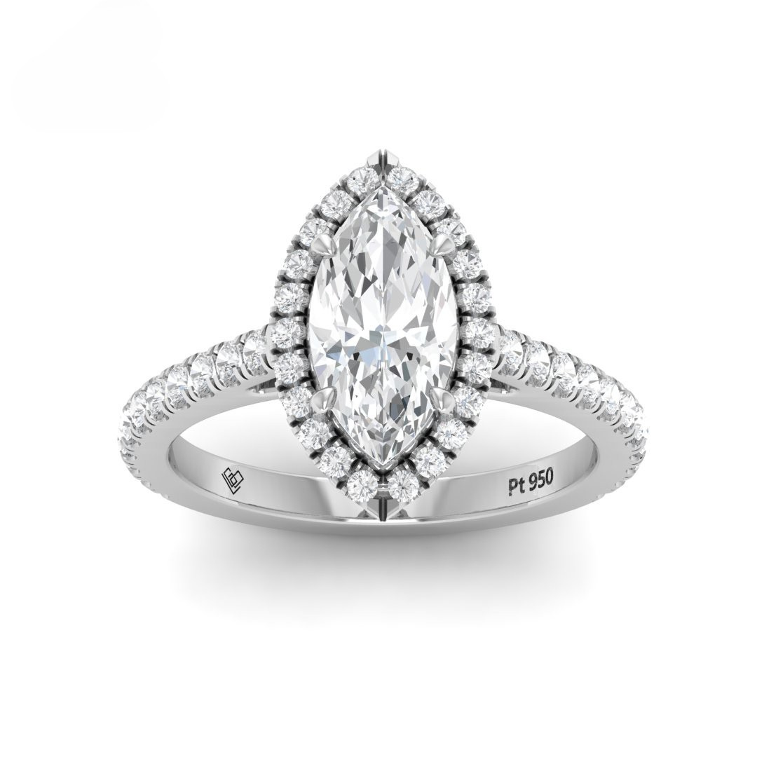 Bella Marquise Cut Diamond Engagement Ring with Diamond Halo & Diamond Band