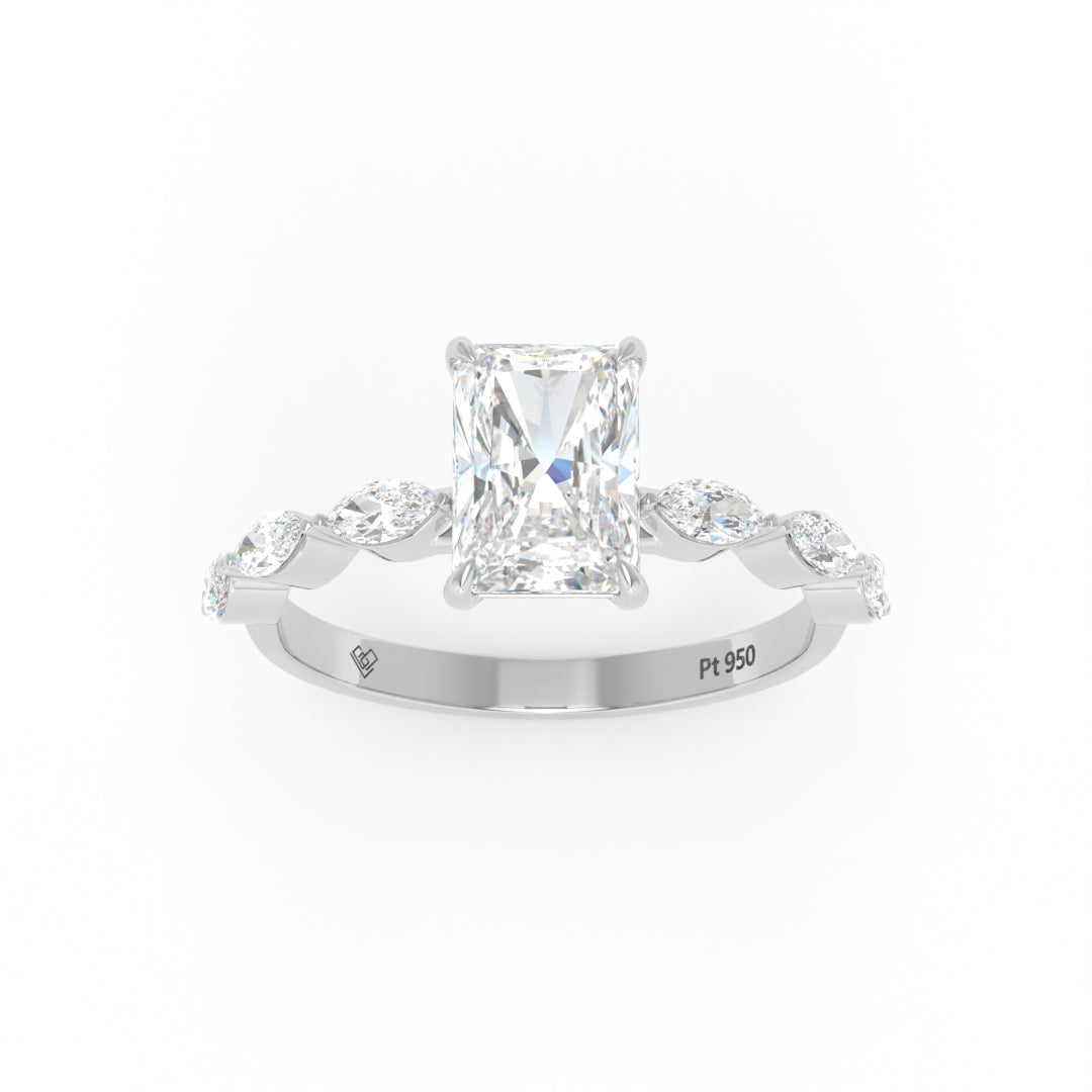 Kasandra Radiant Cut Diamond Engagement Ring With A Marquise Cut Diamond Band