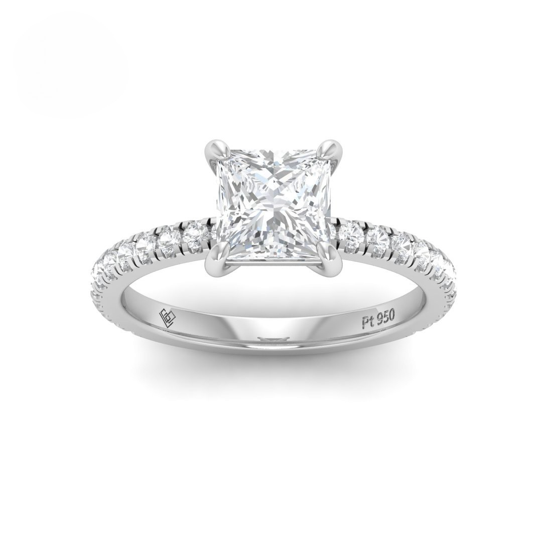 Princess cut lab grown diamond engagement ring with diamond band and platinum setting from Love Grown Diamonds
