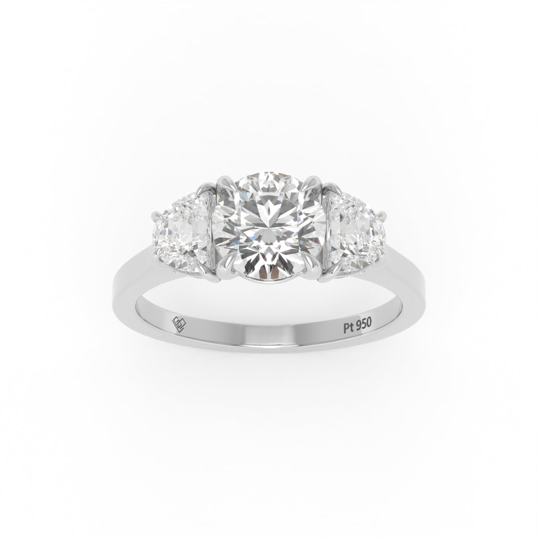 Kamala Round Brilliant Cut Diamond Engagement Ring With Half Moon Cut Side Diamond