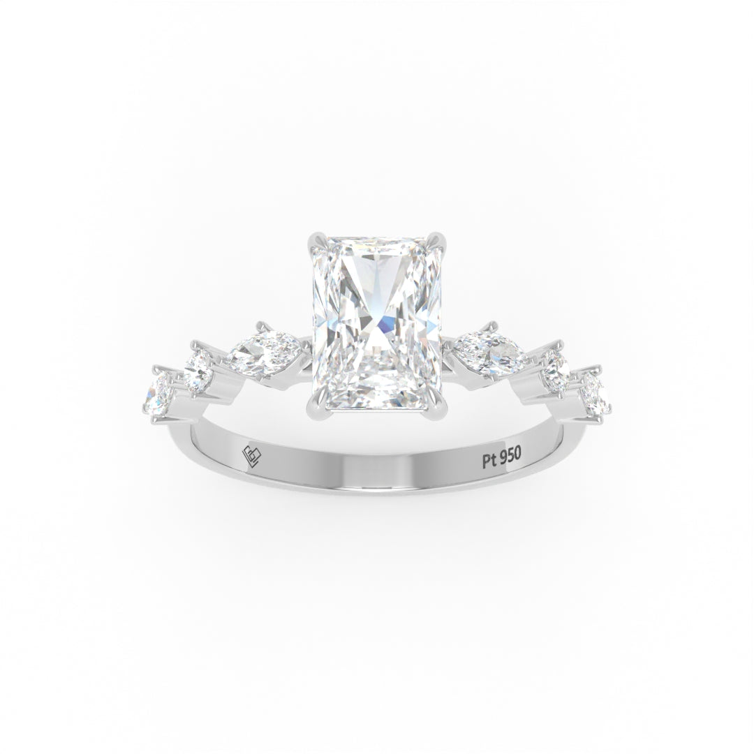 Elizabeth Radiant Cut Diamond Engagement Ring With A Marquise And Round Cut Diamond Band
