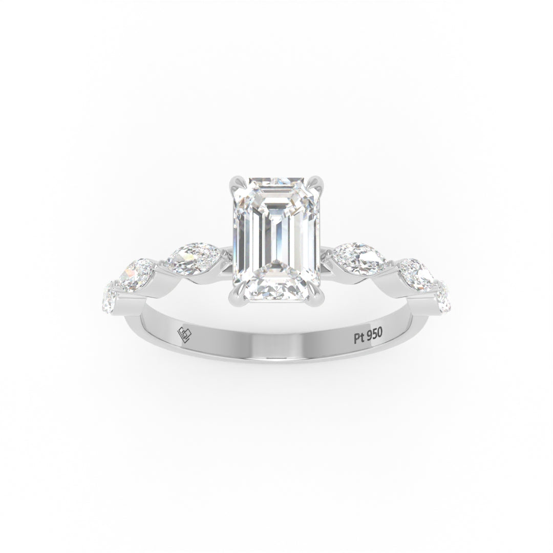 Kasandra Emerald Cut Diamond Engagement RIng With A Marquise Cut Diamonds Band