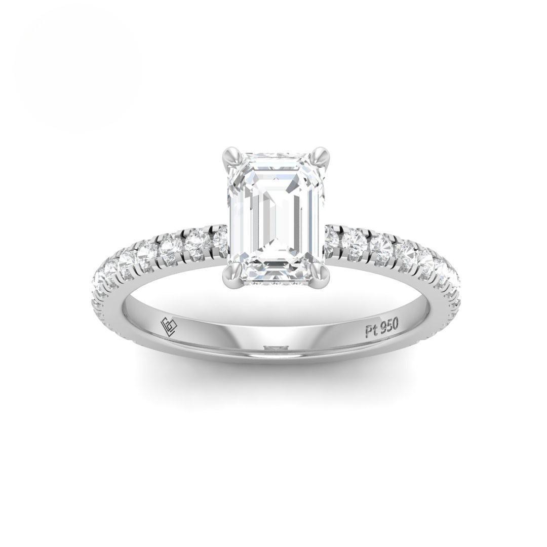 Chloé Emerald Cut Diamond Engagement Ring with Diamond Hidden Halo and Diamond Band