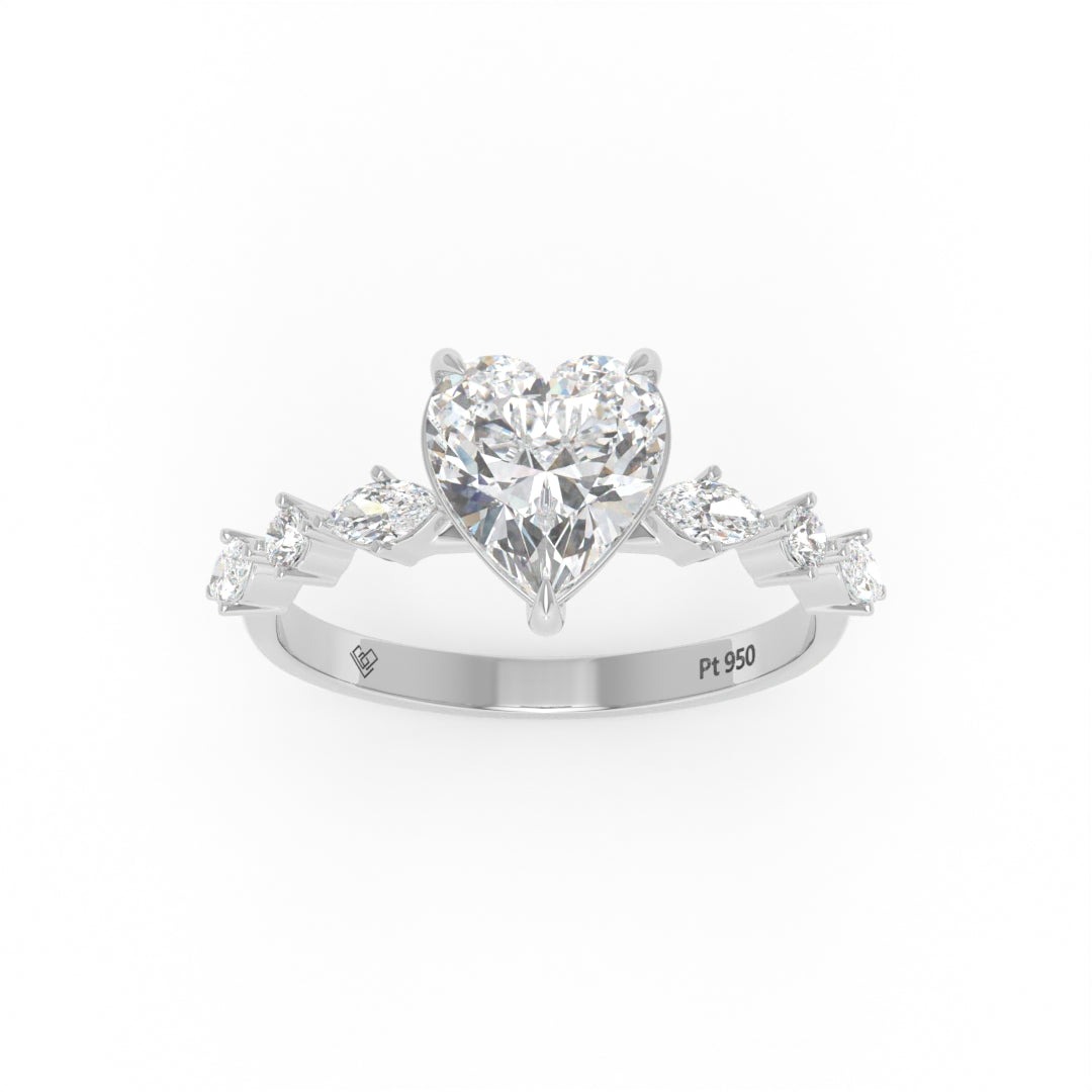 Elizabeth Heart Cut Diamond Engagement Ring With A Marquise and Round Cut Diamond Band