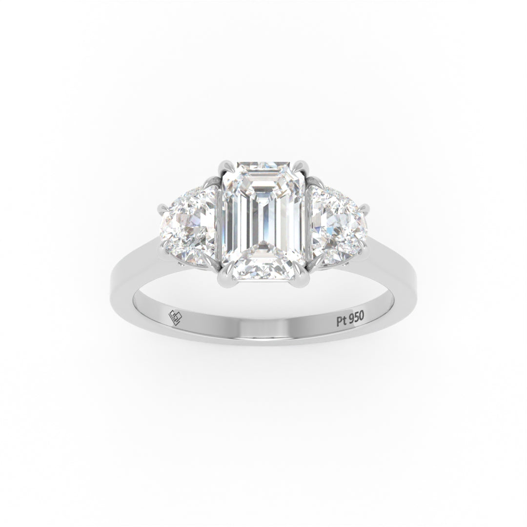 Kamala Emerald Cut Diamond Engagement Ring with Half Moon Cut Sides Diamonds