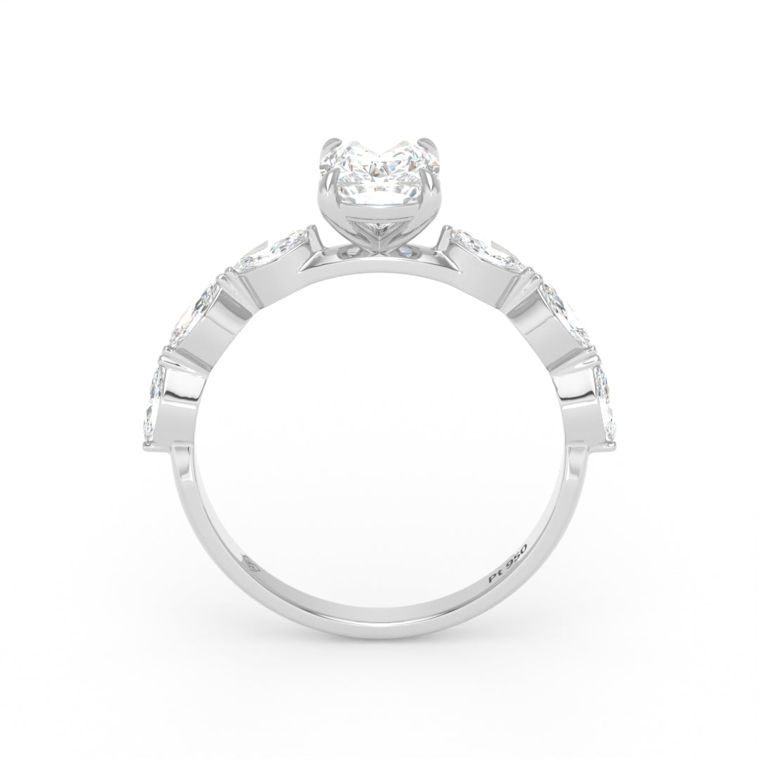 Kasandra Cushion Cut Diamond Engagement Ring With A Marquise Cut Diamond Band