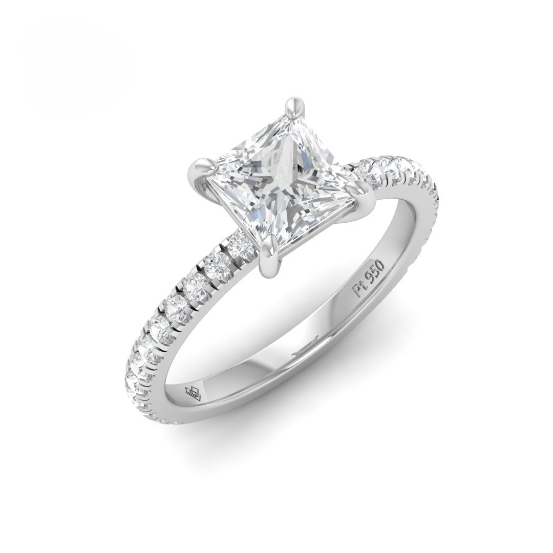 Princess cut lab grown diamond engagement ring with diamond band in platinum by Love Grown Diamonds