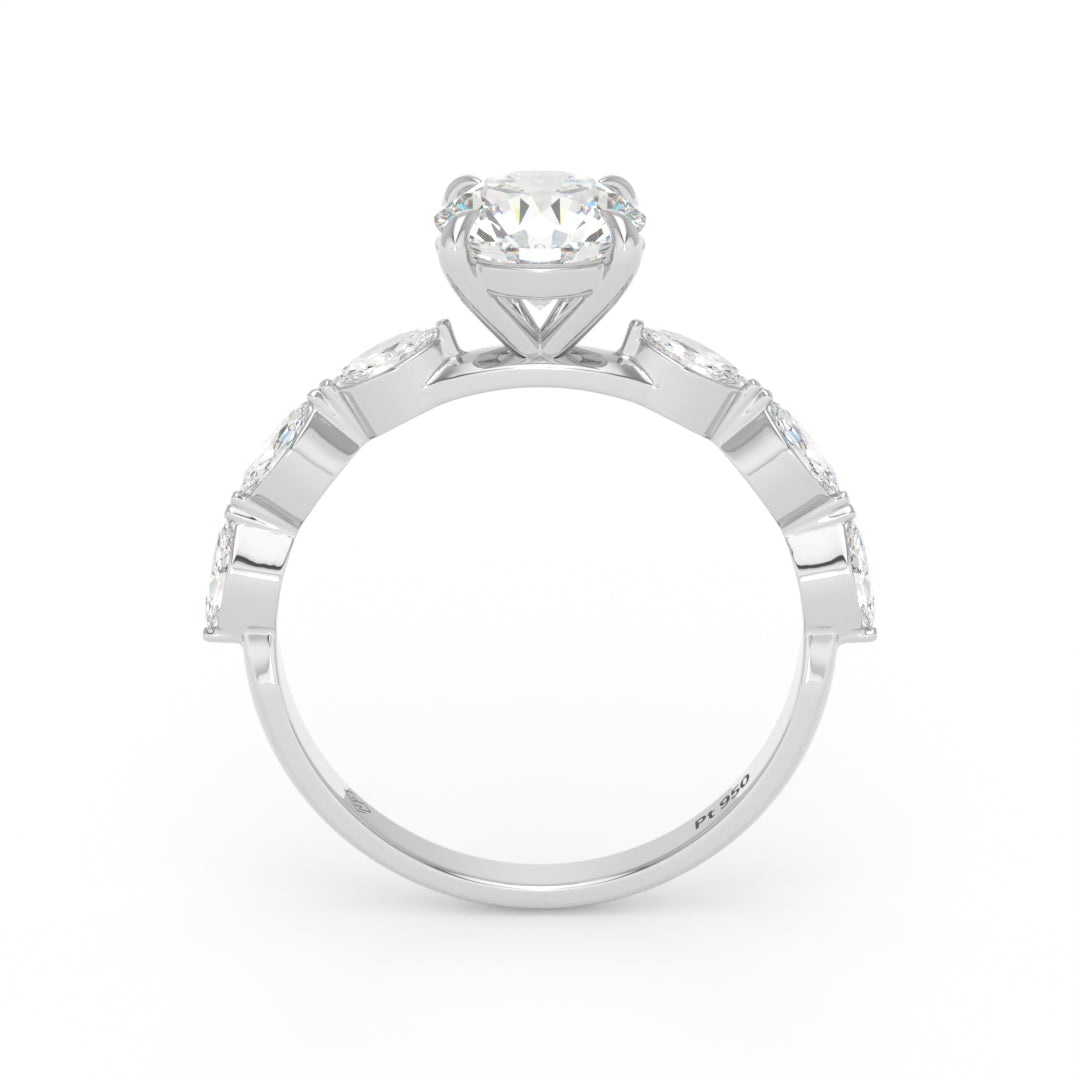 Kasandra Round Brilliant Cut Diamond Engagement Ring With A Marquise Cut Diamond Band