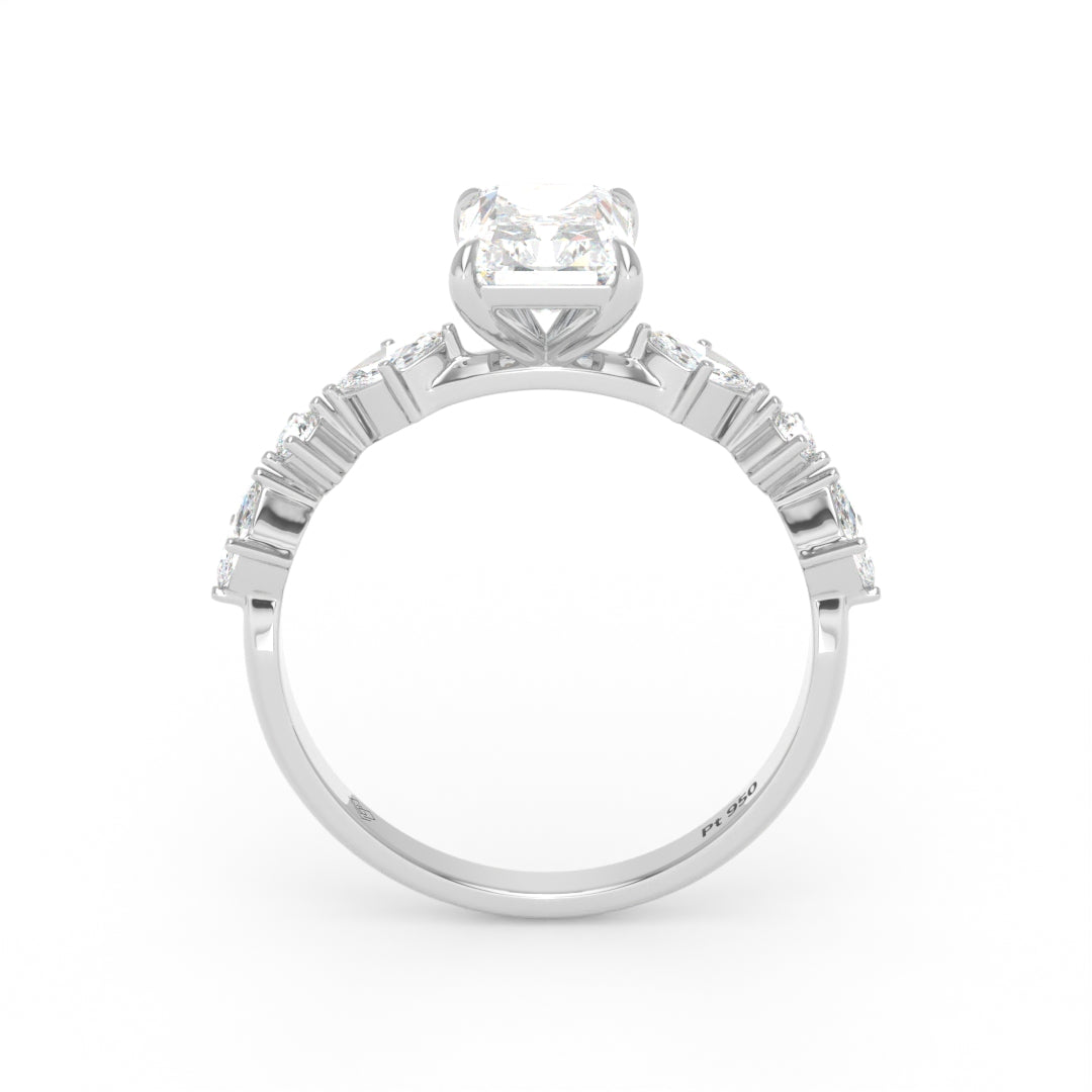 Elizabeth Radiant Cut Diamond Engagement Ring With A Marquise And Round Cut Diamond Band