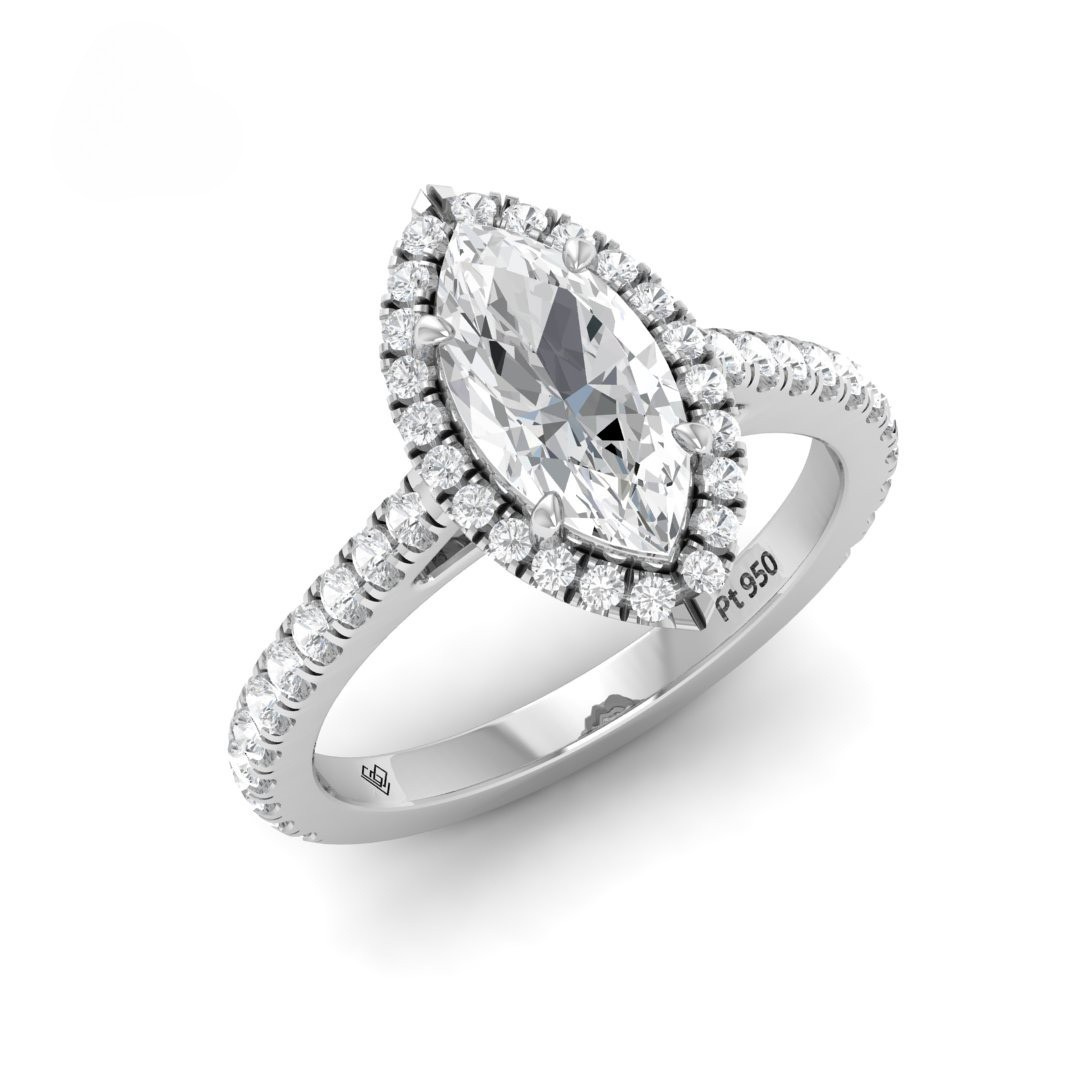 Bella Marquise Cut Diamond Engagement Ring with Diamond Halo & Diamond Band