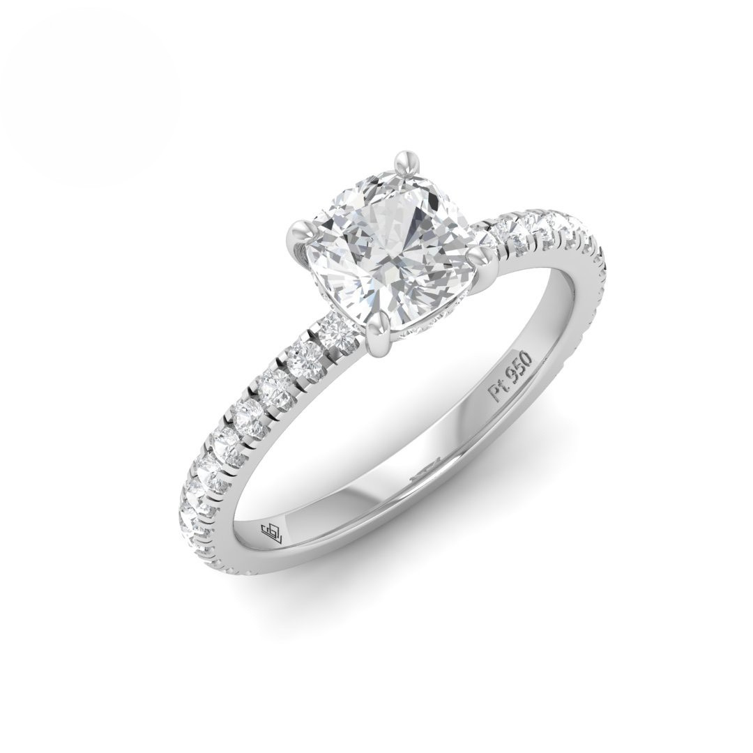 Chloé Cushion Cut Diamond Engagement Ring with Diamond Hidden Halo and Diamond Band