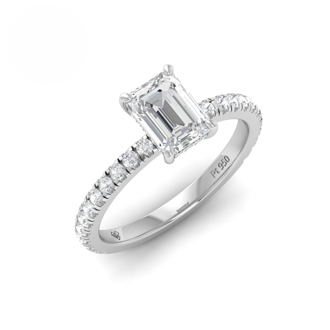 Chloé Emerald Cut Diamond Engagement Ring with Diamond Hidden Halo and Diamond Band