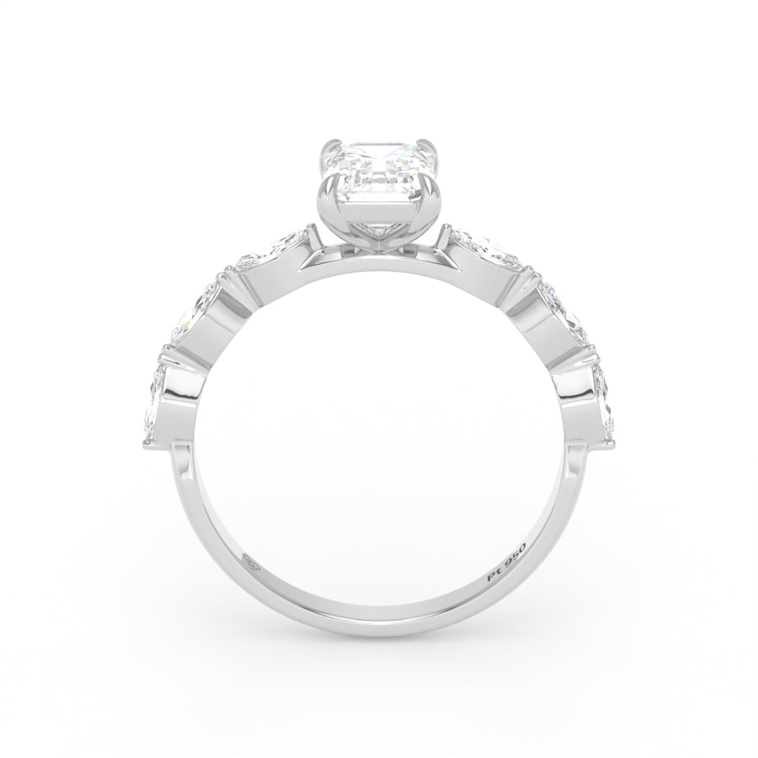 Kasandra Emerald Cut Diamond Engagement RIng With A Marquise Cut Diamonds Band