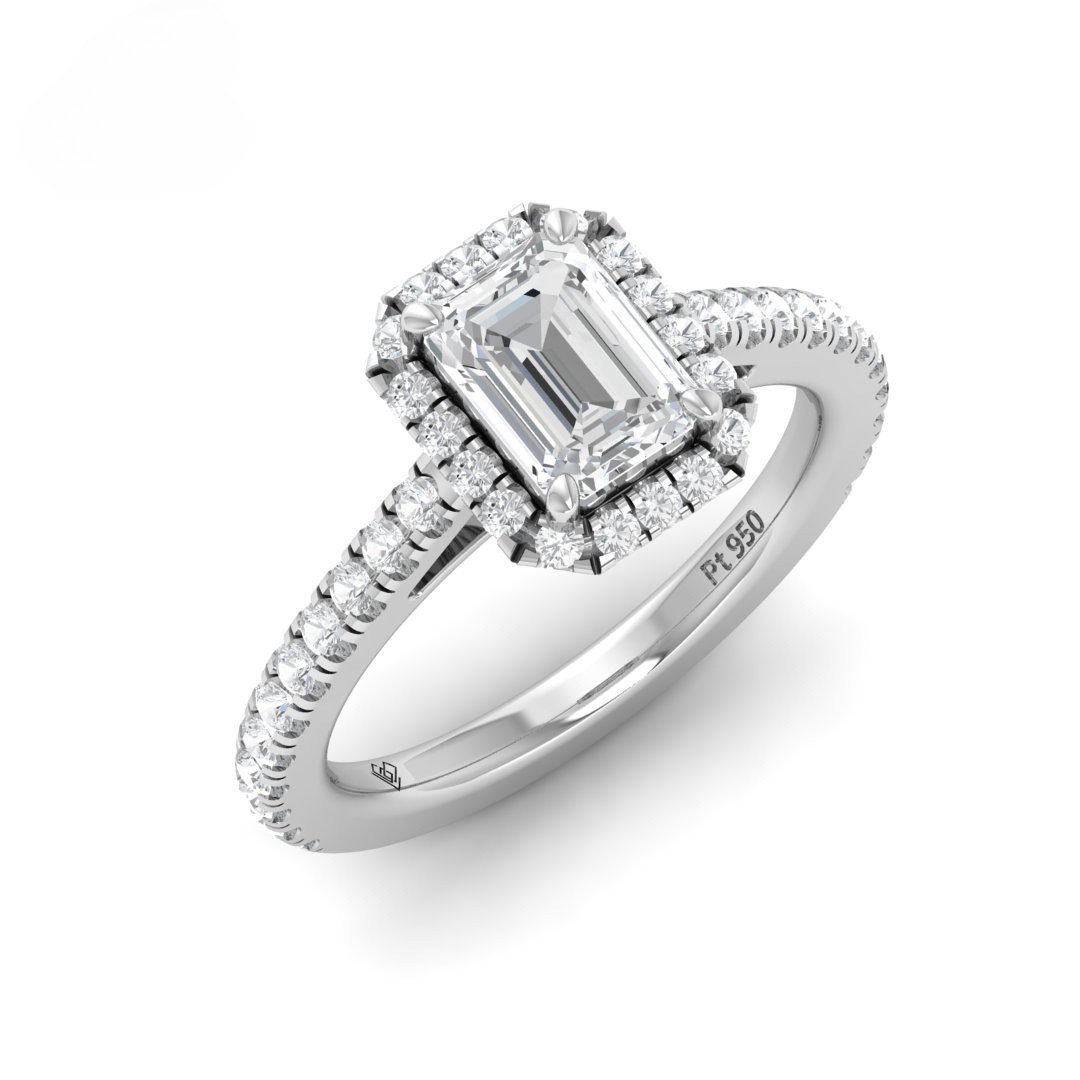 Bella Emerald Cut Diamond Engagement Ring with Diamond Halo & Diamond Band