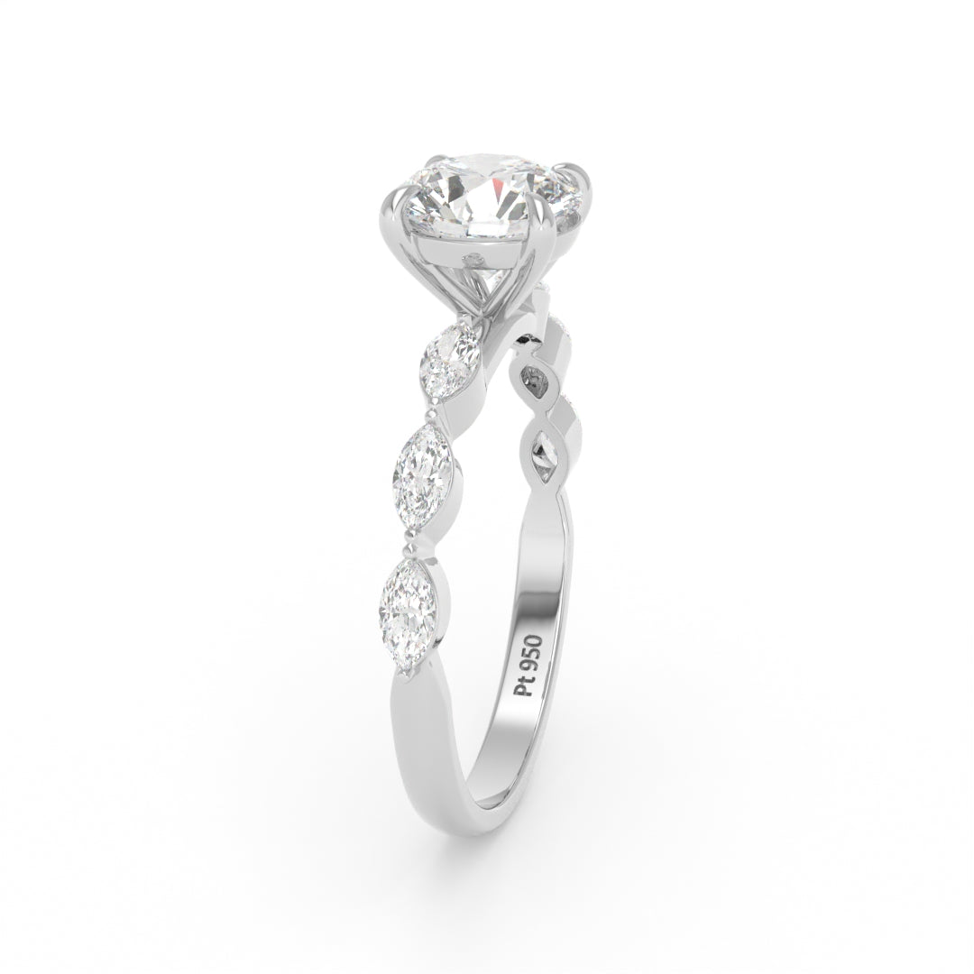 Kasandra Round Brilliant Cut Diamond Engagement Ring With A Marquise Cut Diamond Band