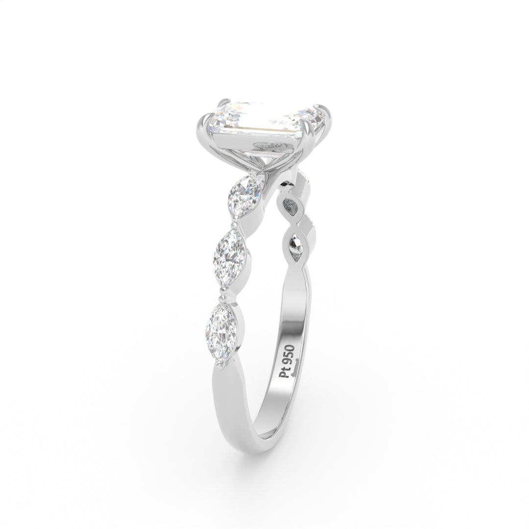 Kasandra Emerald Cut Diamond Engagement RIng With A Marquise Cut Diamonds Band