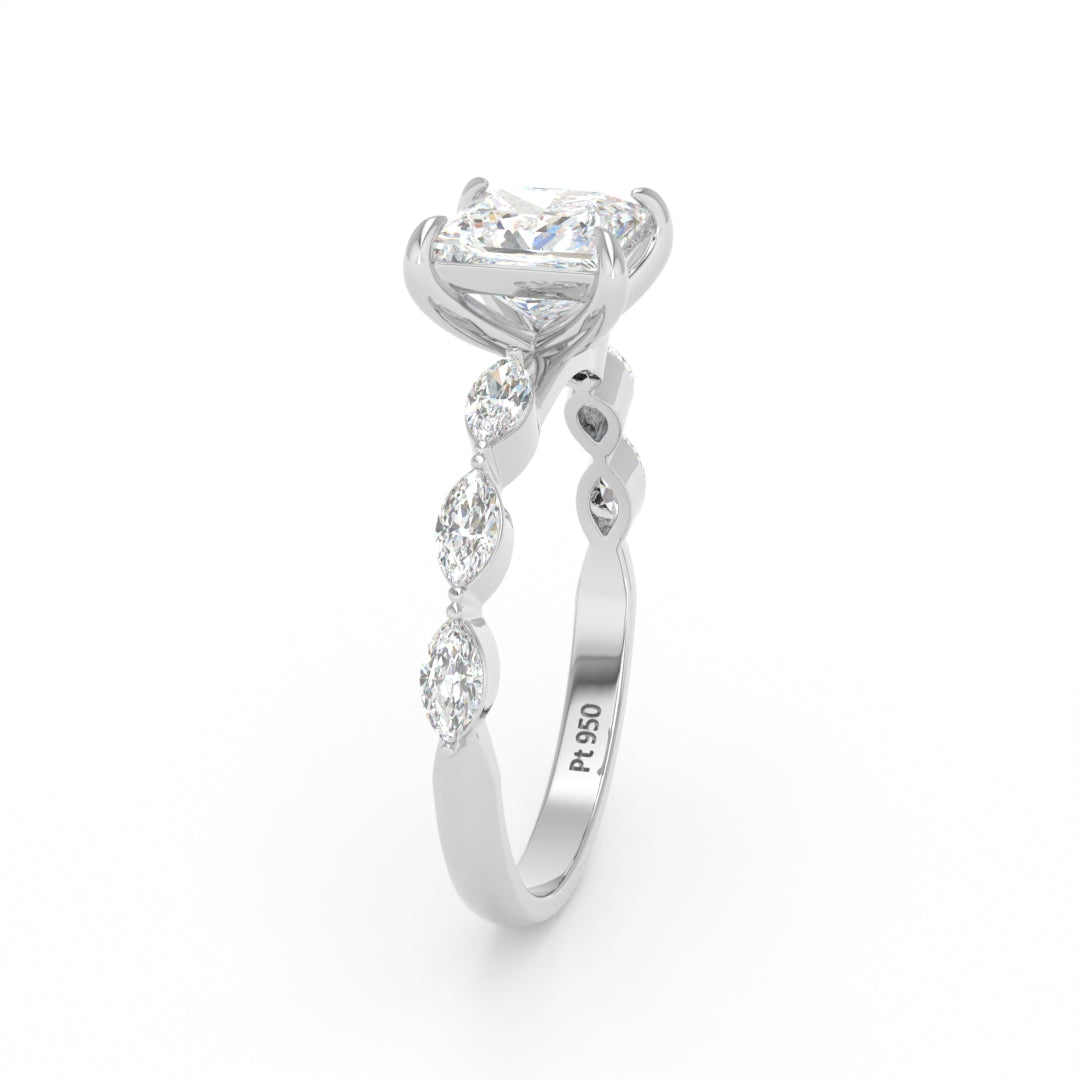 Kasandra Princess Cut Diamond Engagement Ring With A Marquise Cut and Diamond Band