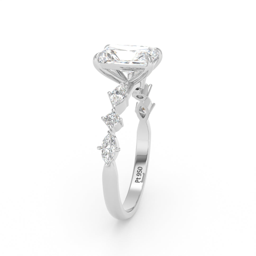 Elizabeth Radiant Cut Diamond Engagement Ring With A Marquise And Round Cut Diamond Band