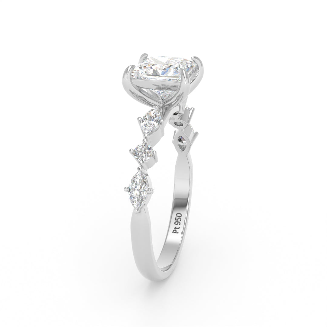 Elizabeth Princess Cut Diamond Engagement Ring With A Marquise and Round Cut Diamond Band