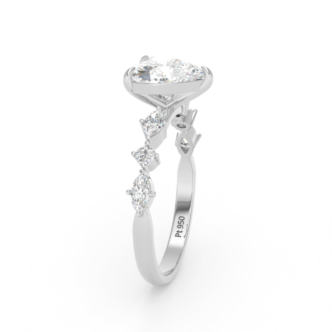 Elizabeth Heart Cut Diamond Engagement Ring With A Marquise and Round Cut Diamond Band